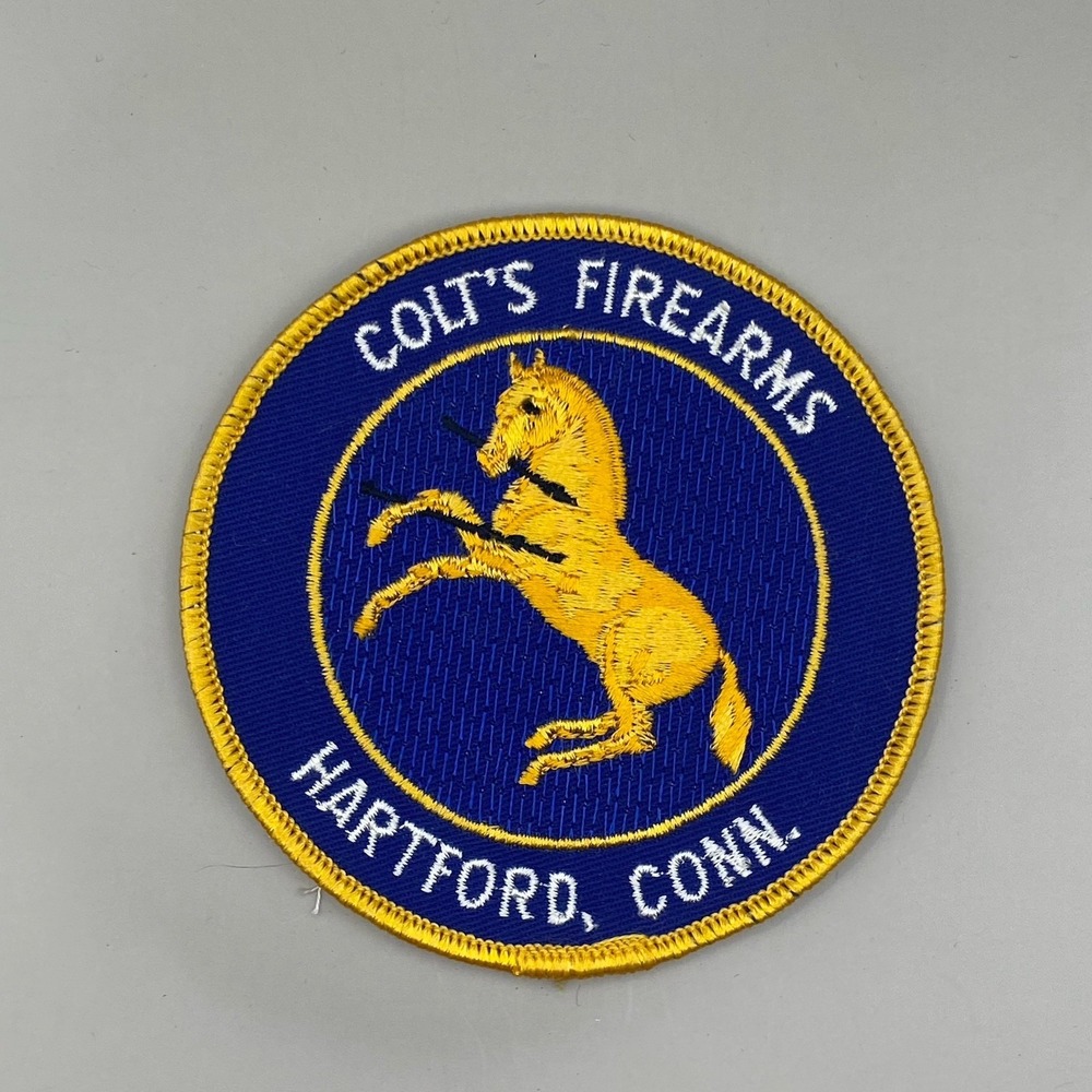 Vintage Round Colt's Firearms Hartford Connecticut Blue Gold Horse Logo Patch